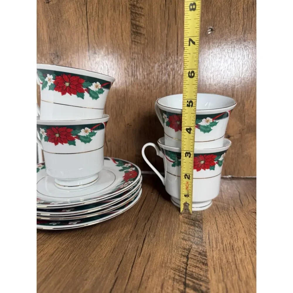 4 TIENSHAN Deck The Halls Tea Coffee Cups & Saucers Christmas Poinsettia